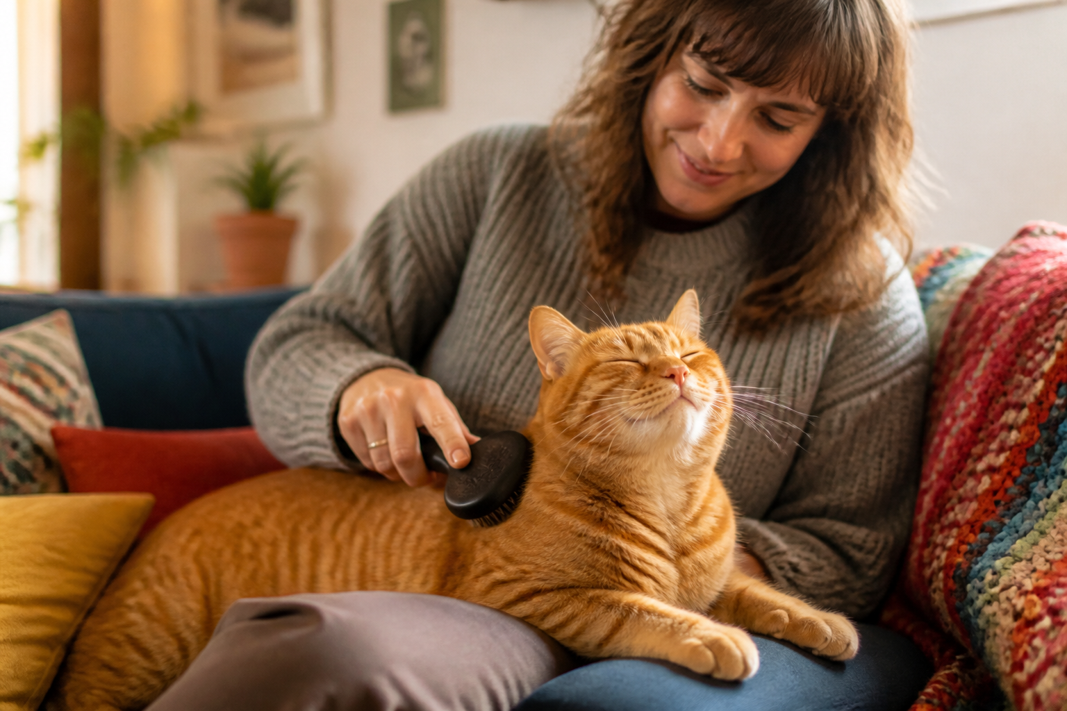 Person grooming a relaxed cat at home