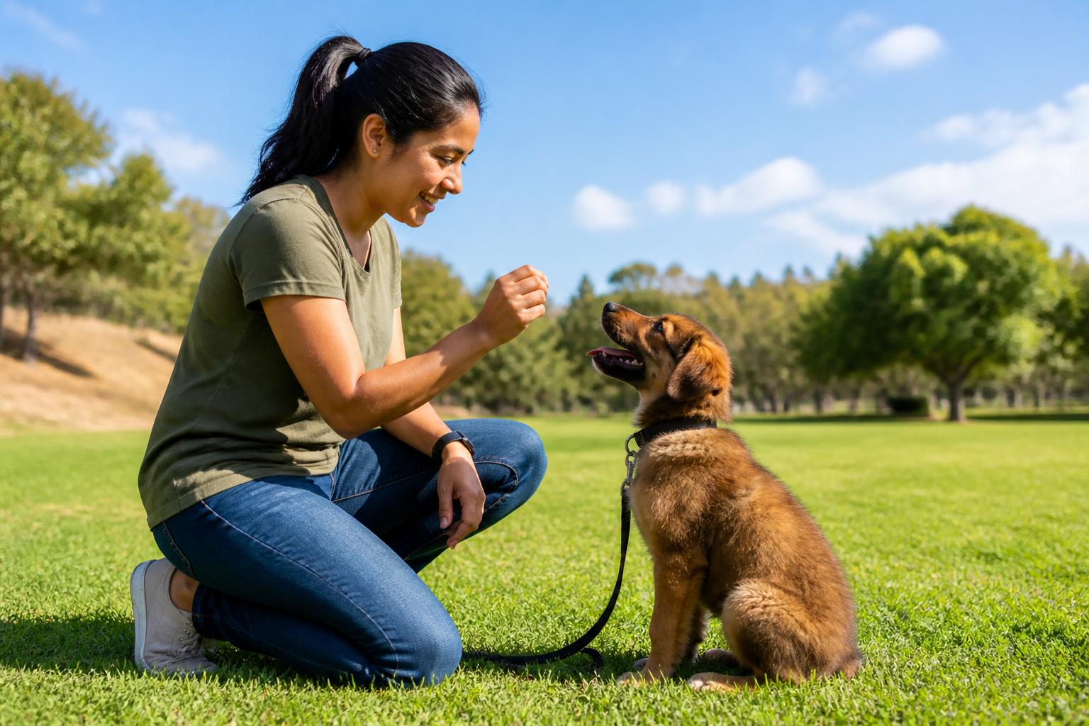 Woman training a happy puppy outdoors