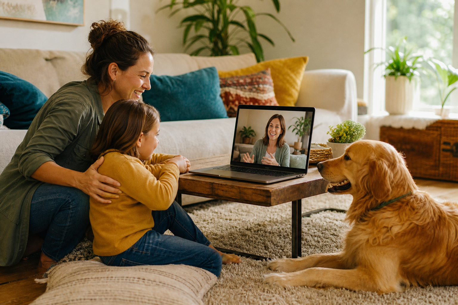Family on a live video pet coaching call with their dog