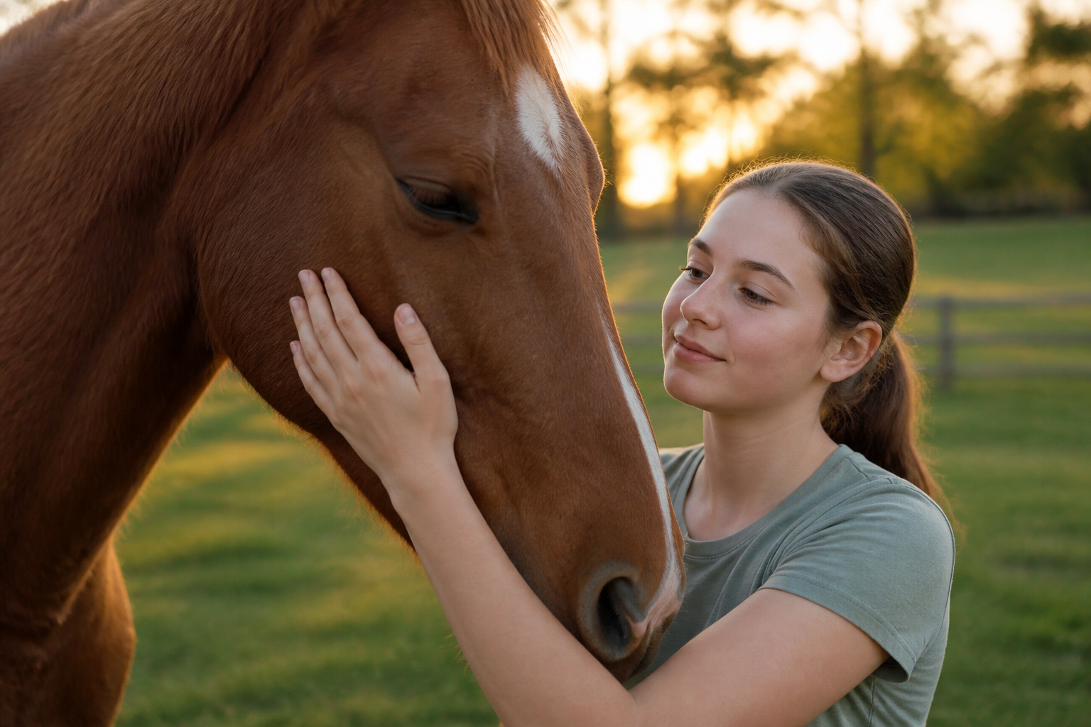 Child bonding with a horse in a pasture