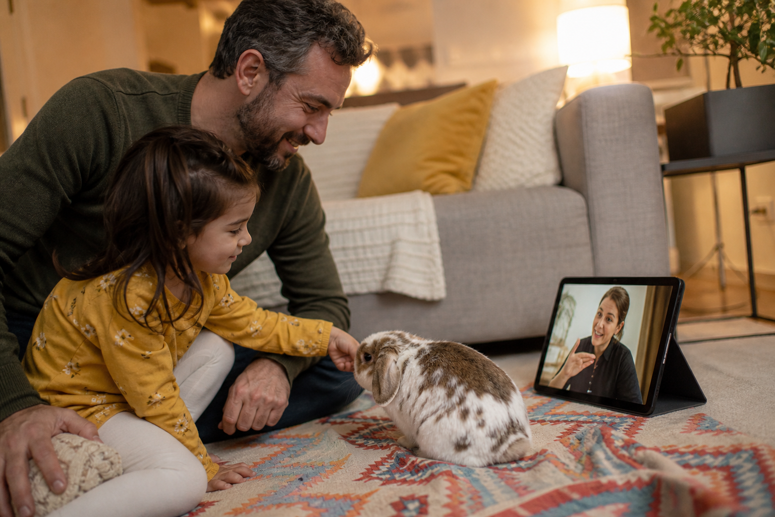 Parent and child on a live video pet coaching call